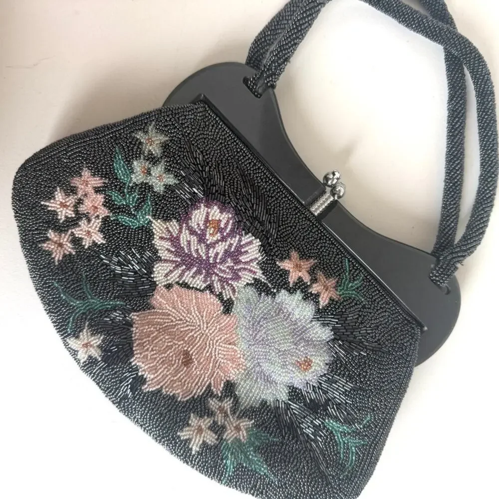 Vintage Black Floral Beaded Evening Bag Retro Glam 1950s Art Deco‎ Collectible